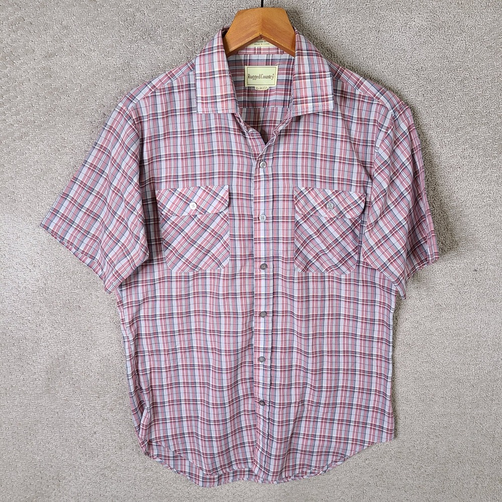 Vintage‎ Rugged Country Shirt Mens M Pink Plaid Button Down Short Sleeve Cotton